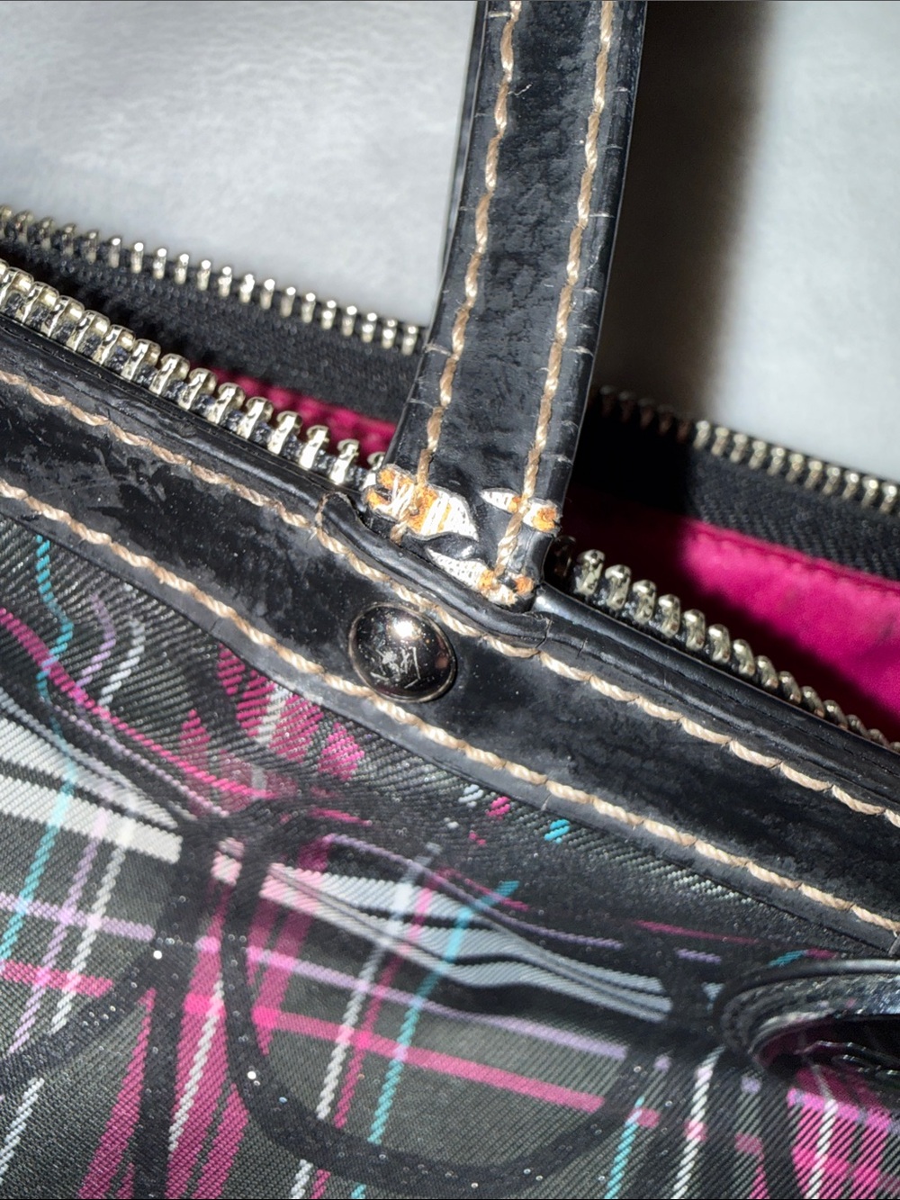 Coach Black Plaid Tote with Pink Accents - Picture 5 of 12